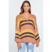 V-neck Cozy Thick Knit Stripe Pullover Sweater - Pullovers - $39.38 