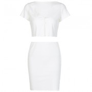 V-neck button cropped short cardigan top and split skirt suit - Dresses - $21.99  ~ £16.71