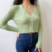 V-neck fungus outside knitted knit cardigan women's thin long-sleeved short suns - Shirts - $26.99 