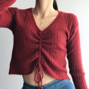 V-neck pleated drawstring sweater pullov - Pullovers - $28.99 