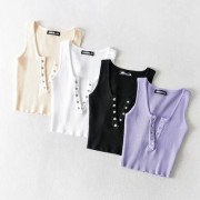 V-neck studded short vest slim sexy high waist strap top - Camicie (corte) - $25.99  ~ 22.32€