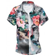 WAWAYAMen WAWAYA Men's Plus Size Floral Printed Short Sleeve Summer Button Up Dress Shirt Tee - T-shirts - $10.43 