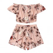 WILLTOO Women's Off Shoulder Short Sleeve Chiffon Floral Print Crop Top and Shorts Set Jumpsuit - ワンピース・ドレス - $7.89  ~ ¥888