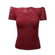 WT1755 Womens Short Sleeve Off Shoulder Scallop Trim Floral Lace Top - Košulje - kratke - $25.64  ~ 162,88kn