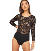 WearAll Women's Long Sleeve Floral Lace Sheer Bodysuit Leotard Top Keyhole Back - Shirts - $11.12 