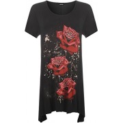 WearAll Women's Plus Size Glitter Rose Print Ladies Hanky Hem Short Sleeve Top - Shirts - $9.43 