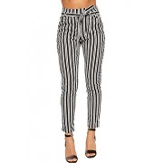 Wearall Women's Monochrome Striped Belted Pocket Crepe Skinny Leg Trousers - Pantaloni - $14.13  ~ 12.14€