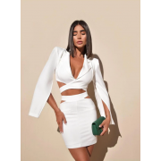White Cropped Blazer And Skirt Set - Suits - $55.00 