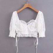 Wild lace embroidered puff sleeves with - Shirts - $27.99  ~ £21.27