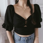 Wild triangle hollow puff sleeve low-cut top - Shirts - $25.99 