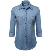 Women's Basic Classic Button Closure Roll Up Sleeves Chest Pocket Denim Chambray - Košulje - kratke - $19.00  ~ 120,70kn