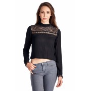 Women's Black Panel Long Sleeve Crop Top - T-shirts - $15.00 