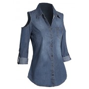 Women's Button Down Cold Shoulder Roll Tab Long Sleeve Cotton Denim Shirt - Košulje - kratke - $9.99  ~ 63,46kn