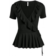 Womens Deep V Neck Short Sleeve Wrap Tie Top Peplum Ruffle Shirt - USA - Srajce - kratke - $13.99  ~ 12.02€