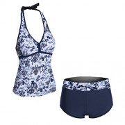 Women's Halter Tie Tankini Top Boy Short Bottom Printed Two Piece Swimsuit Set - Swimsuit - $60.99 
