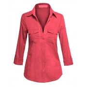 Women's Three Quarter Sleeve Collared Lightweight Button Up Rib Contract Shirt - Košulje - kratke - $22.99  ~ 146,05kn