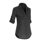 Women's Three Quarter Sleeve Collared Lightweight Button Up Rib Contract Shirt - Camicie (corte) - $16.99  ~ 14.59€