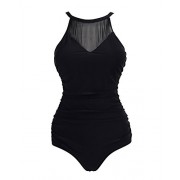 Womens Vintage Ruched One Piece Swimsuit Sexy Mesh V Neck Swimwear Plus Size Tummy Control Bathing Suit - Costume da bagno - $19.50  ~ 16.75€