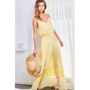 Yellow Adjustable Shoulder Strap Button Down Waist Elastic Bottom Contrast Lace - Dresses - $70.40 