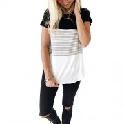 YunJey Short Sleeve Round Neck Triple Color Block Stripe T-Shirt Casual Blouse - T-shirts - $9.99 