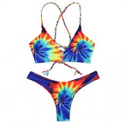 ZAFUL Women Colorful Criss Cross Tie Dye Braided Bikini Set Beachwear Bathing Suits - Swimsuit - $9.99 