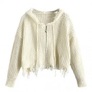 ZAFUL Women Hooded Crop Sweater Zipper Ripped Chunky Knit Cardigan Jacket Frayed Pullover Warm White - Košulje - kratke - $24.99  ~ 158,75kn