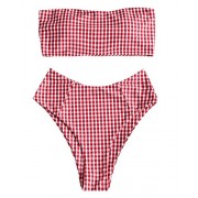 ZAFUL Women Strap Wrap Tube Bandeau Top Bikini Set Padded Plaid High Cut Swimsuit Bathing Suit - Swimsuit - $13.99 