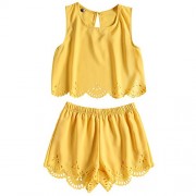 ZAFUL Women's 2 Piece Outfits Sleeveless Laser Cut Crop Cami Top and Shorts Set - Top - $16.99 