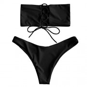 ZAFUL Women's Bathing Suit Adjustable Back Lace-up Bandeau Bikini Set - Swimsuit - $11.99 