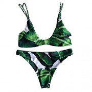 ZAFUL Women's Cami Palm Tree Padded Sexy Top T-Shaped Shorts Bikini Set Leaves Print Push-up Holiday Beach Swimwear - Swimsuit - $20.99 