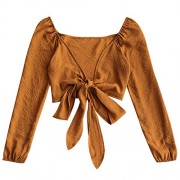 ZAFUL Women's Deep V Neck Long Sleeve Floral Unique Slim Fit Bowknot Wrap Crop Tops - Srajce - dolge - $15.49  ~ 13.30€