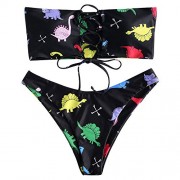 ZAFUL Women's Dinosaur Lace Up Bandeau Strapless Bikini Two-Pieces Swimwear - Swimsuit - $17.99 