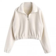 ZAFUL Women's Fashion Long Sleeve Lapel Half Zip Plain Faux Fur Sweatshirt Solid Color Crop Pullover Tops - Shirts - $24.99 