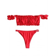 ZAFUL Women's Off Shoulder Ruffles Sleeves Solid Color Thong Bikini Set - Swimsuit - $19.99 