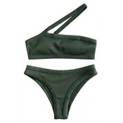 ZAFUL Women's One Shoulder Bandeau Bikini Set Textured Ribbed Two Piece Swimsuit - Swimsuit - $17.99 