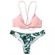ZAFUL Womens Sexy Cami Bralette Spaghetti Straps Palm Leaf Bikini Set - Swimsuit - $23.99 
