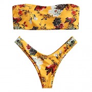ZAFUL Womens Strapless Floral Print Bandeau Thong Bikini Set - Swimsuit - $18.39 