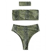 ZAFUL Women's Swimsuits Strapless Snakeskin Print High Cut Bandeau Bikini Set with Choker - Swimsuit - $8.99 