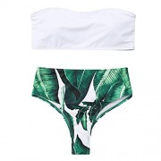 ZAFUL Womens Two Pieces Swimsuit Sexy Strapless Palm Leaf High Cut Bikini Set - Swimsuit - $17.99 