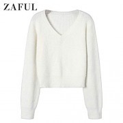 ZAFUL Women's V Neck Fluffy Knit Sweater Fuzzy Short Jumper Pullover - Košulje - kratke - $26.99  ~ 171,46kn