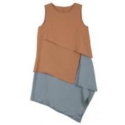 ililily Color Block Unbalance Hem Line Multi Layer Linen Long Sleeveless Dress - Flats - $83.99 