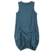 ililily Shirring Detail Unbalance Bubble Hem Line Linen Long Sleeveless Dress - Flats - $81.99 
