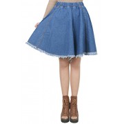 ililily Woman Vintage Distressed Washed Cotton Denim A-Line Flare Skirt - Flats - $32.99 