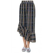 ililily Women Plaid Pattern A-Line Asymmetrical Ruffle Flowy Chiffon Midi Skirt - Flats - $32.99 