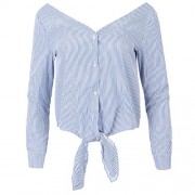 ililily Women V Neck Simple Wide Thin Waist Tie Button Down Shirt Top Blouse - Flats - $13.49 