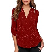 onlypuff Sexy V Neck Blouse for Women Polka Dot Shirts Tab Roll Sleeve Tunic Top - Shirts - $17.99 