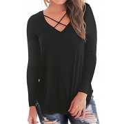 onlypuff Women's Casual Long Sleeve T-Shirt Criss Cross V-Neck Basic Tees Tops S - Shirts - $13.99 