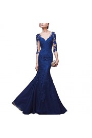 ABaowedding Women's Blue Deep V Long Sleeves Mermaid Prom Evening Dresses - My look - $98.99 