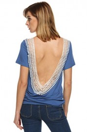 ACEVOG Womens Round Neck Short Sleeve Backless Lace Long Shirt Blouse Tops - Myファッションスナップ - $5.76  ~ ¥648
