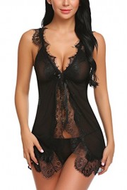 ADOME Women Sheer Lingerie V Neck Sleepwear Lace Babydoll Strap Halter Chemise - Mi look - $5.39  ~ 4.63€